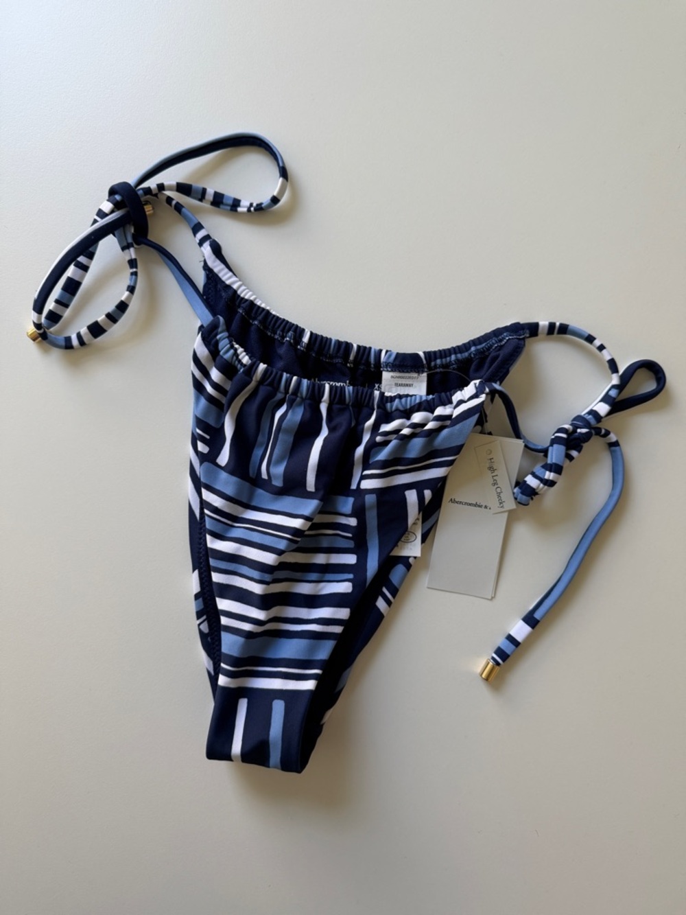 Abercrombie & Fitch Navy Blue, White & Light Blue Striped Tie-Side Bikini Bottom
